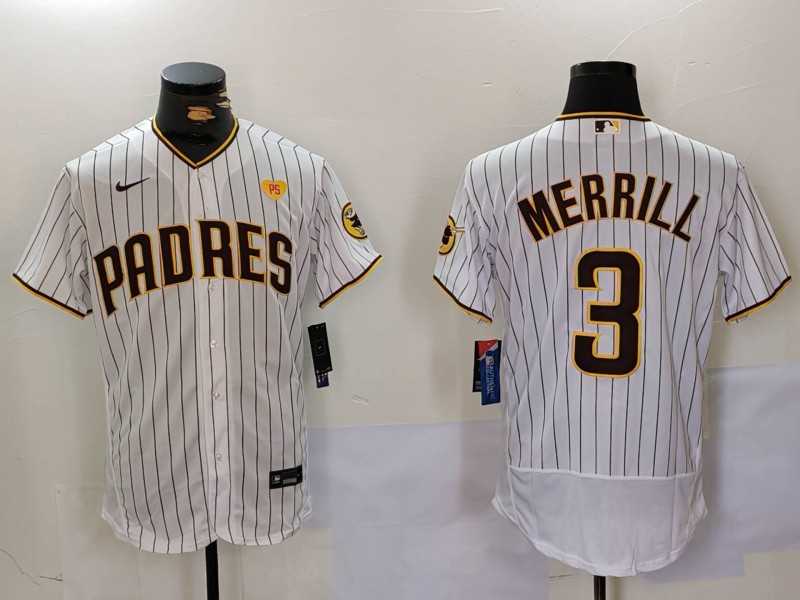 Men%27s San Diego Padres #3 Jackson Merrill White With PS Patch Stitched Flex Base Jersey->san diego padres->MLB Jersey